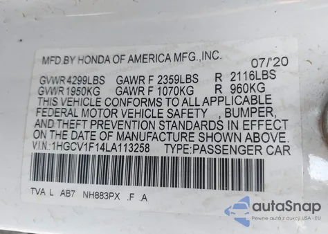 2020 Honda Accord Lx из США, поврежденный, VIN 1HGCV1F14LA113258